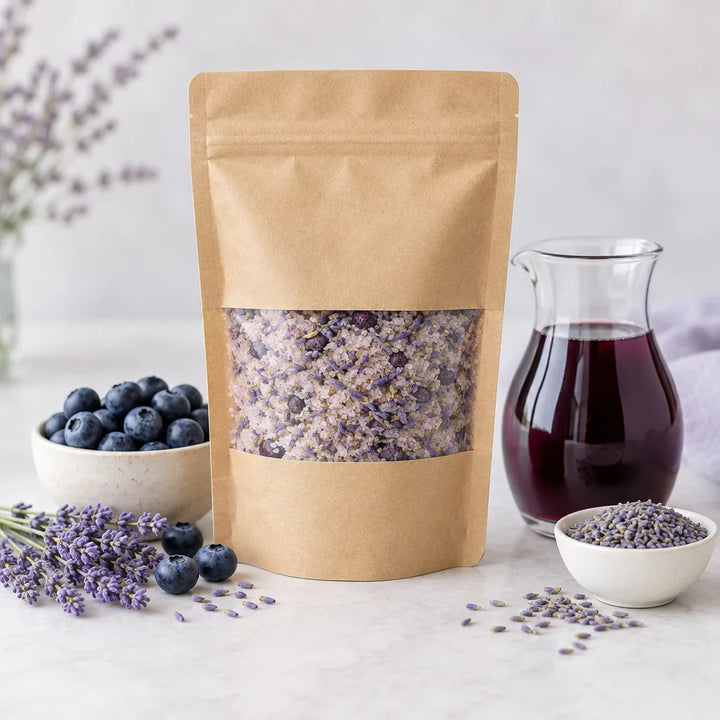 Lavender Blueberry Simple Syrup Kit in a kraft pouch beside blueberries, a carafe of syrup and lavender