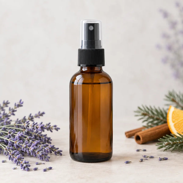 Lavender Christkindl Room Spray, amber spray bottle with pine, cinnamon, orange and lavender