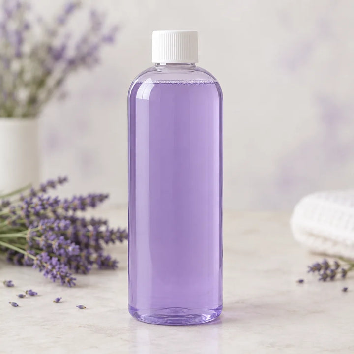 Lavender Fields Floor Cleaner in a clear bottle of purple liquid with a white cap, beside lavender and a towel