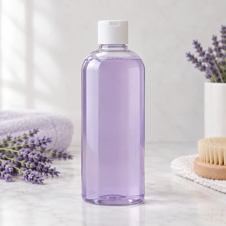 Lavender Fields Tub & Tile Cleaner in a clear bottle with a white flip cap, beside lavender, a towel and scrub brush