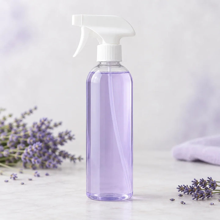Lavender Fields Vehicle Interior Cleaner in a clear spray bottle of light purple liquid beside lavender