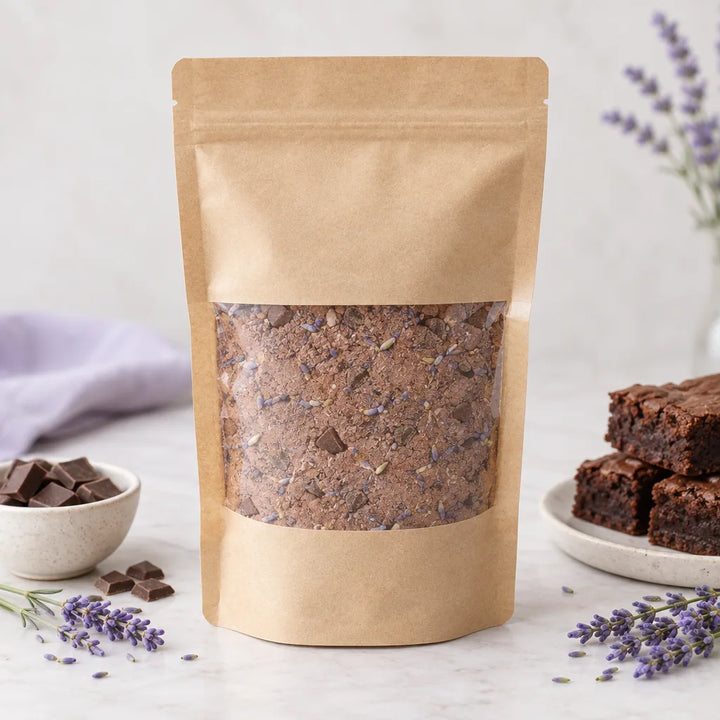Lavender Fudge Brownie Mix in a kraft pouch with a clear window beside brownies, chocolate chunks and lavender
