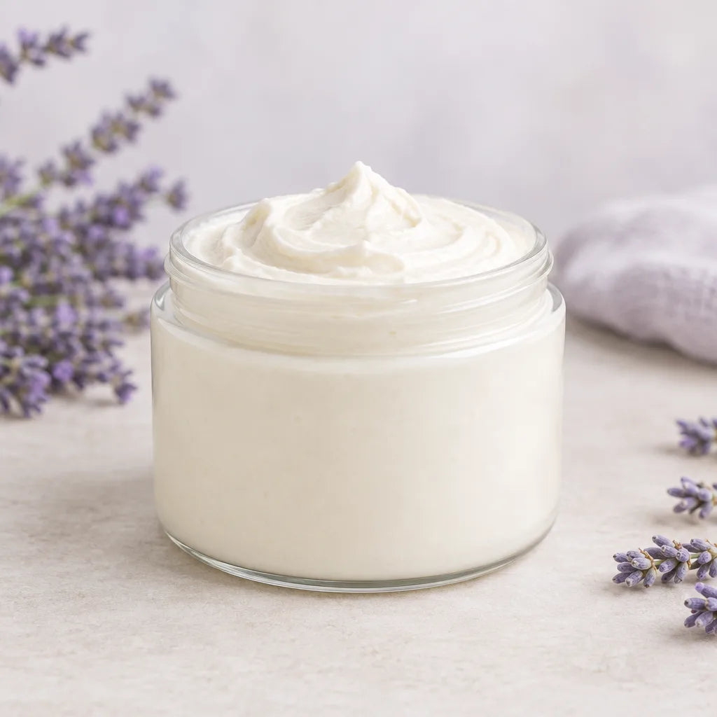 Lavender Lake Huron Body Butter, whipped cream in an open glass jar with lavender sprigs