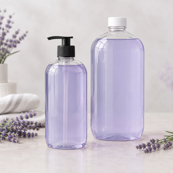 Lavender Lake Huron Dish Soap, light purple soap in a pump bottle and a refill bottle