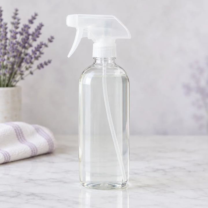 Lavender Lake Huron Multi-Purpose Cleaner in a clear spray bottle beside lavender in a vase and a striped towel