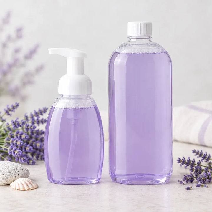 Lavender Lake Michigan Foaming Hand Soap, purple pump and refill bottles with lavender and shells