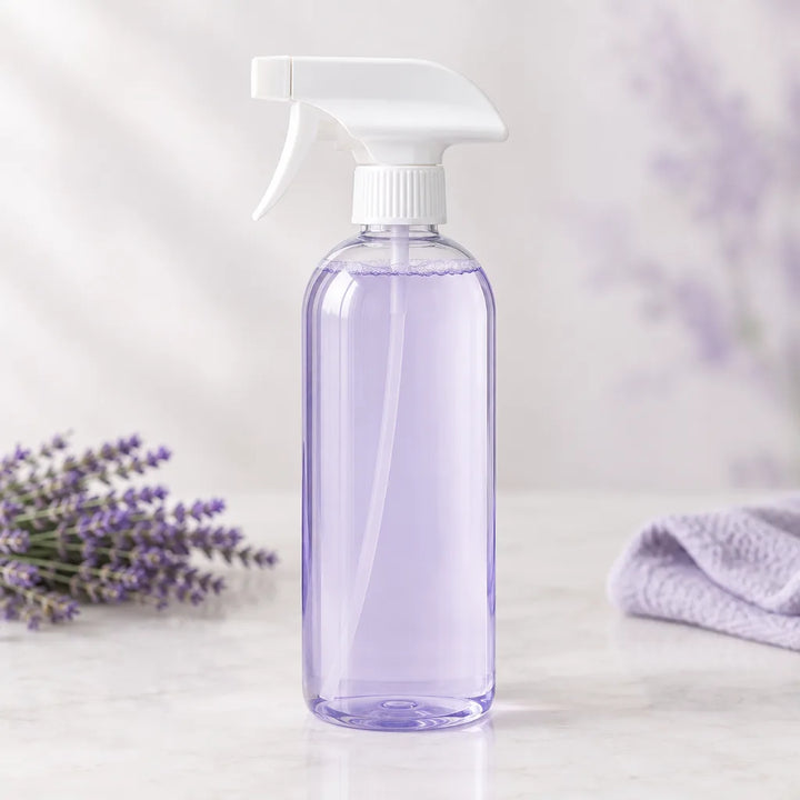 Lavender Lake Superior Multi-Purpose Cleaner in a clear spray bottle of light purple liquid beside lavender sprigs