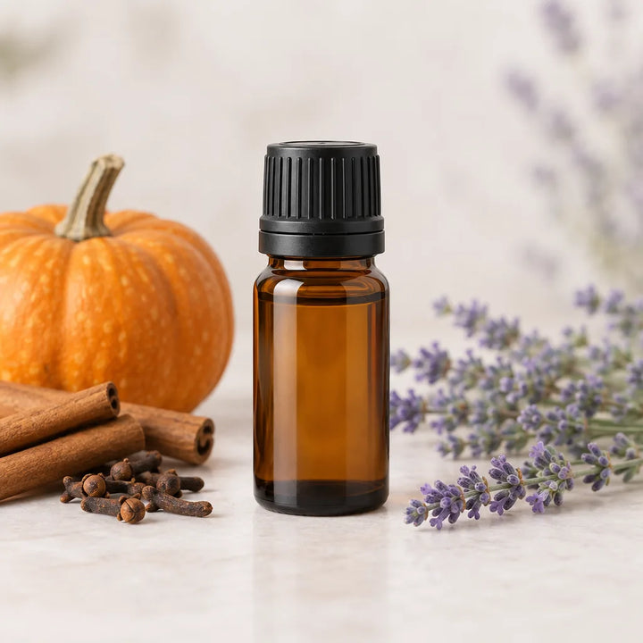 Lavender Pumpkin Spice Essential Oil Blend, amber bottle with a small pumpkin, cinnamon and cloves
