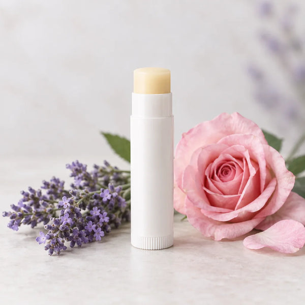 Lavender Rose Lip Balm, white tube beside a pink rose and lavender sprigs