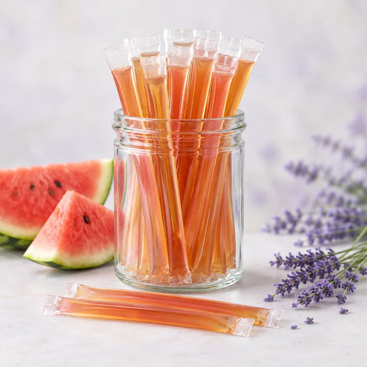 Lavender Watermelon Honey Sticks, pink-orange, in a glass jar beside watermelon slices and lavender