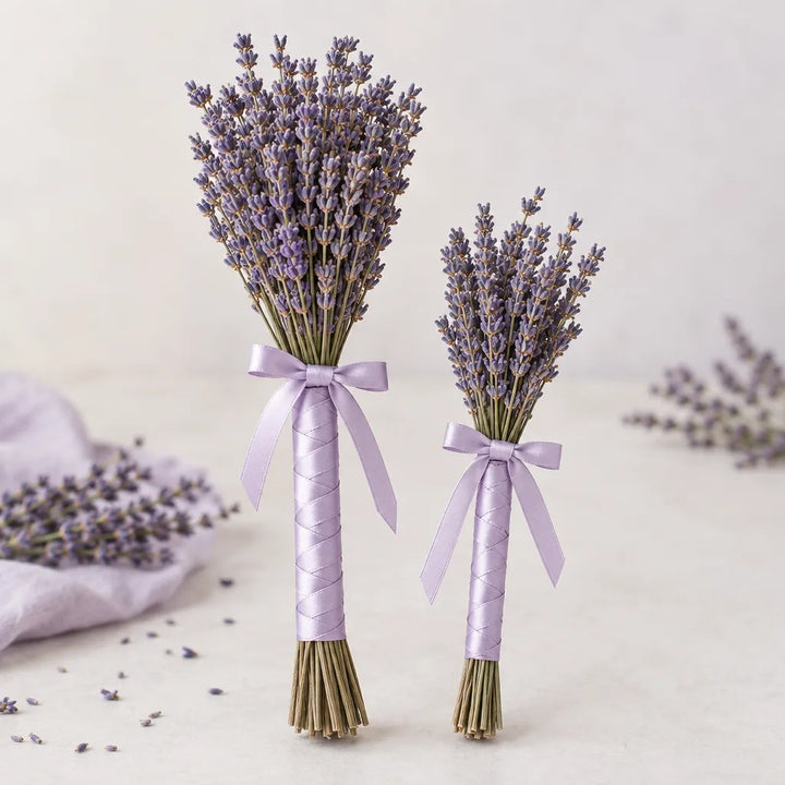 Lavender Wedding Toss Wands, two dried lavender bundles wrapped in lilac satin ribbon with bows