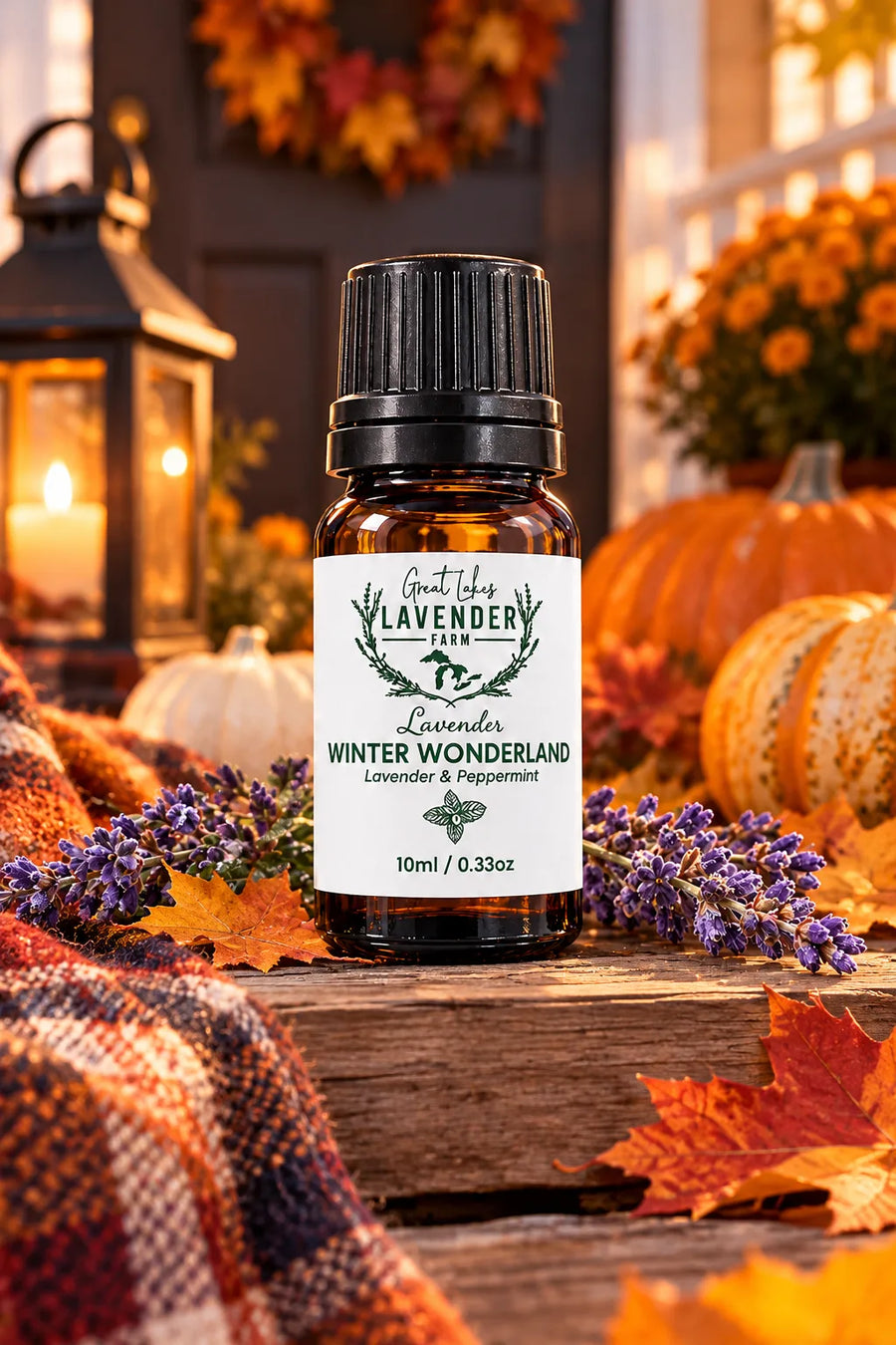 Lavender Winter Wonderland oil in a 10 ml amber bottle with mint and lavender (AI-styled Halloween setting)