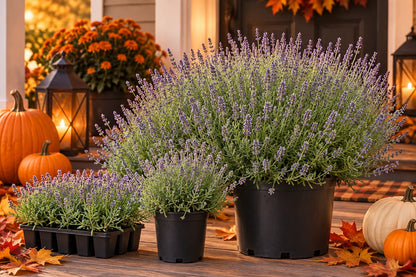 Riverina Thomas lavender in pots and a plug tray with pumpkins and lanterns in a fall display, illustration