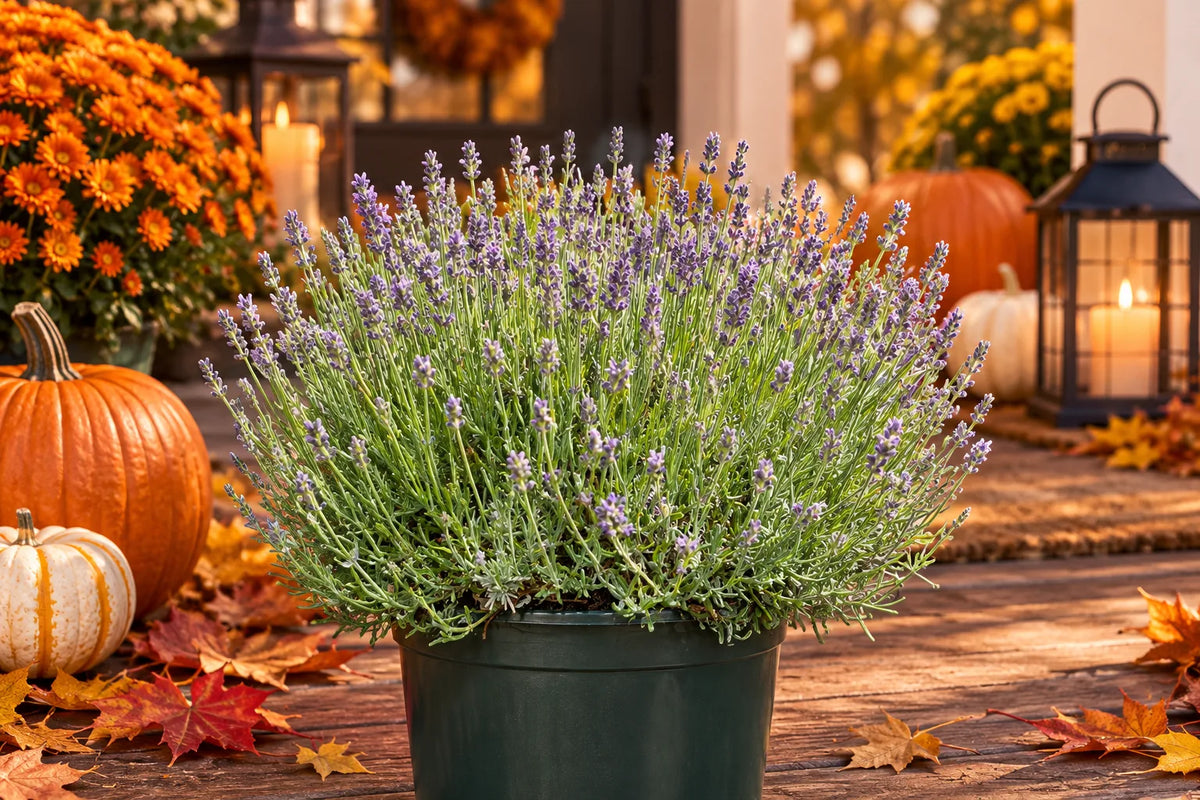 Tucker’s Early lavender (Lavandula angustifolia) in a nursery pot with pumpkins and lanterns in a fall display, illustration