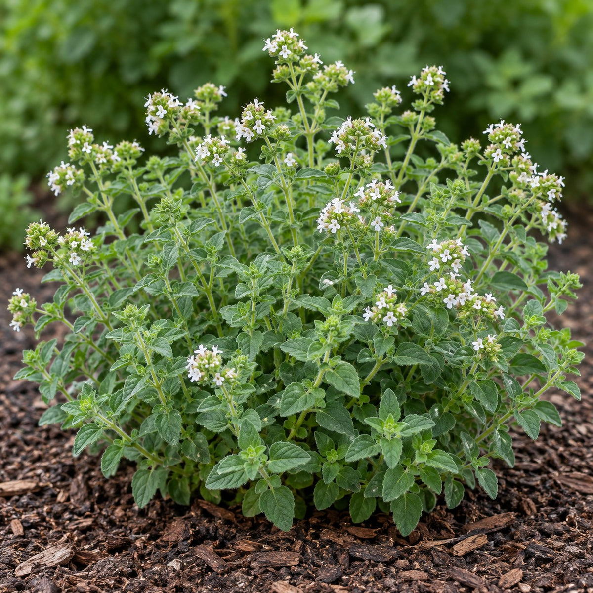 Greek Oregano (Origanum vulgare subsp. hirtum) herb plant growing in a garden bed