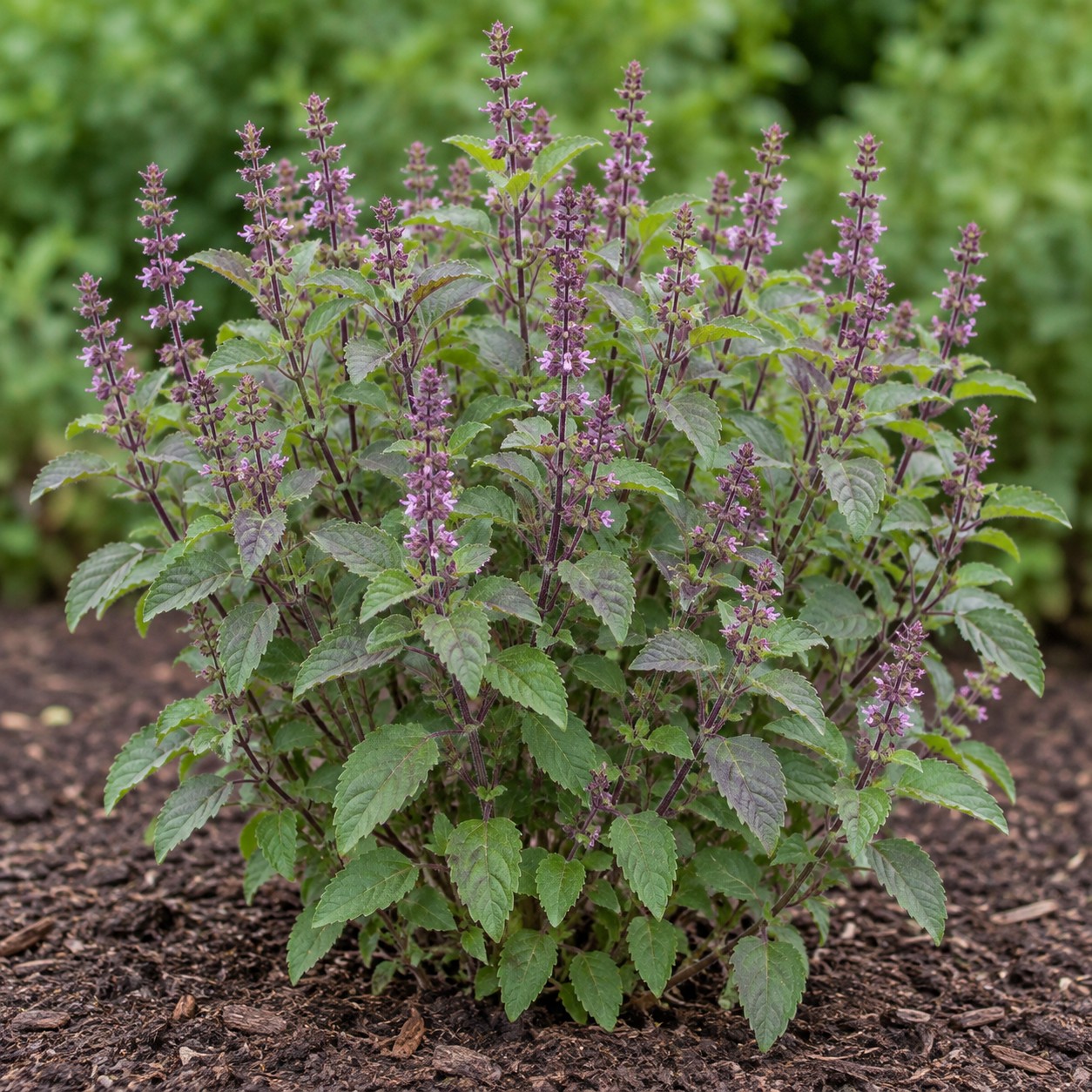 Holy Basil (Ocimum tenuiflorum) herb plant growing in a garden bed