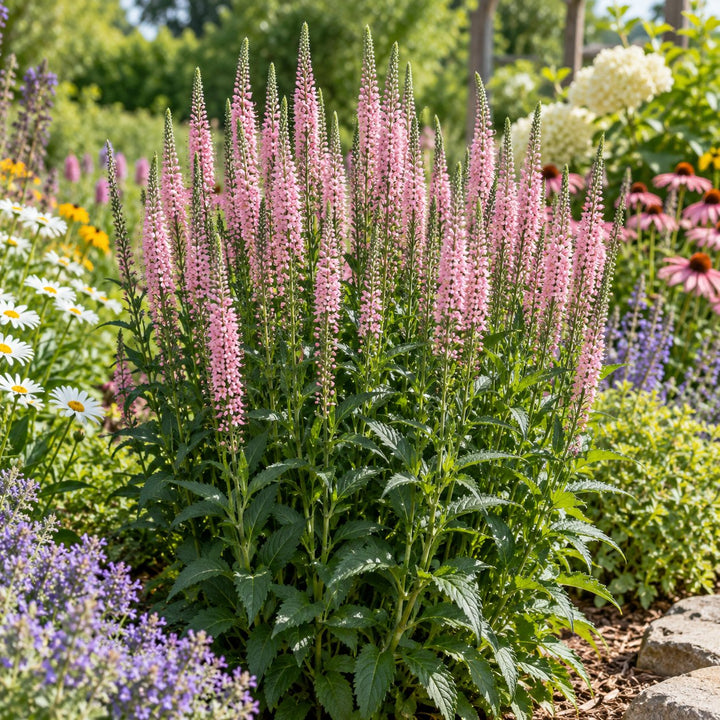 Jedi Gem spike speedwell with soft pink flower spikes in a summer border