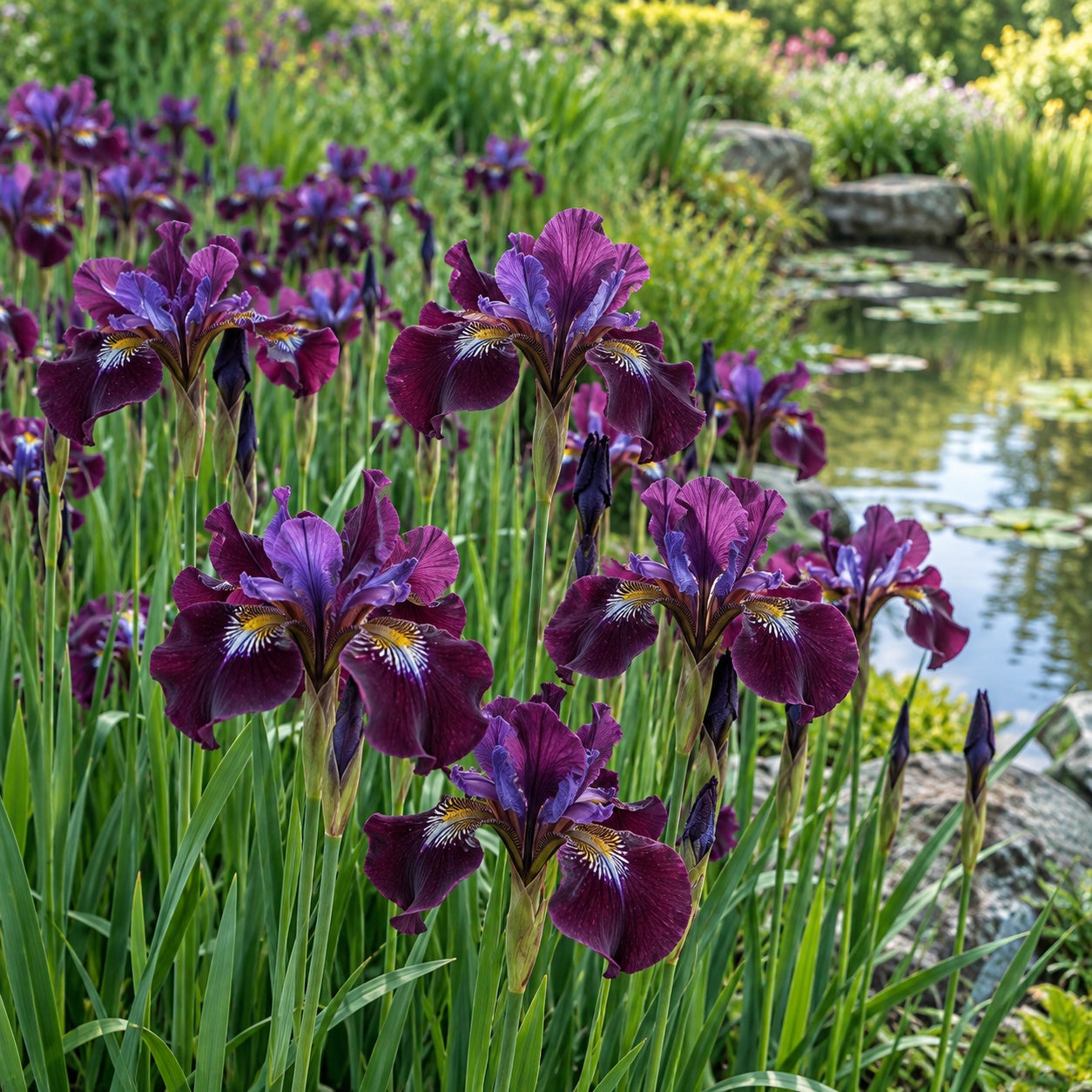 Jewelled Crown Siberian Iris growing in a garden