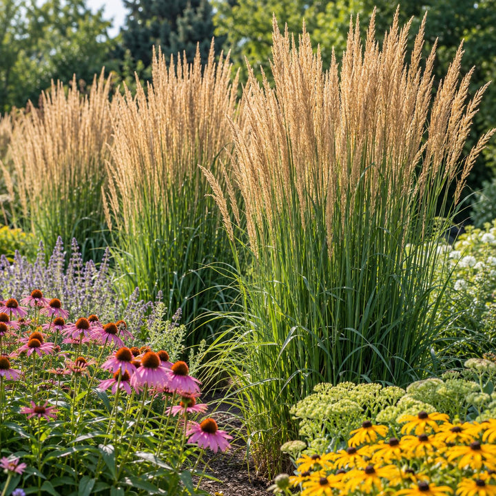 Karl Foerster feather reed grass with upright tan plumes near coneflowers