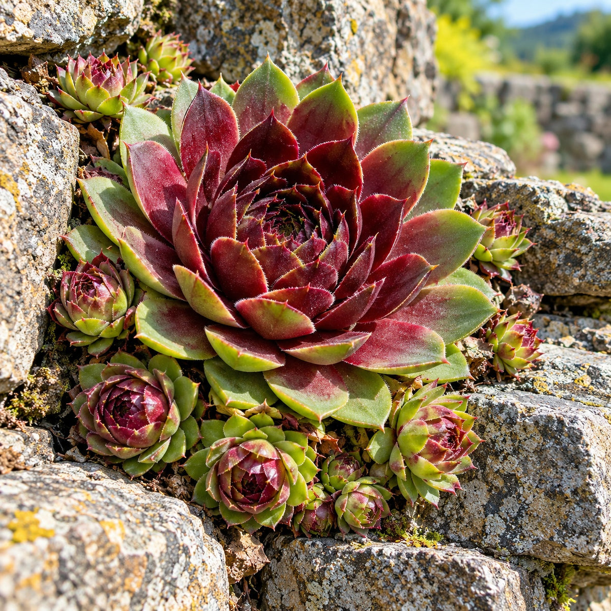 Killer Hen and Chicks growing in a garden