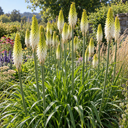 Lady Luck Red Hot Poker growing in a garden