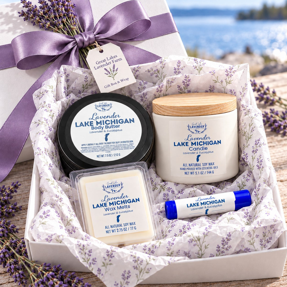 Lake Michigan Gift Set: body butter, candle, wax melts and lip balm in a gift box