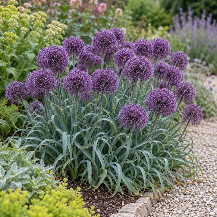 Lavender Bubbles ornamental onion with purple globes over gray-green leaves