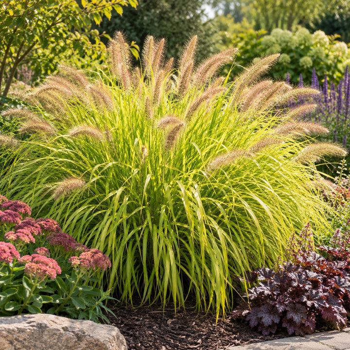 Lemon Squeeze fountain grass with chartreuse blades and tan bottlebrush plumes