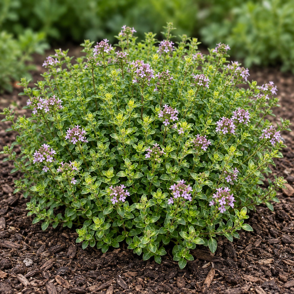 Lemon Thyme (Thymus × citriodorus) herb plant growing in a garden bed