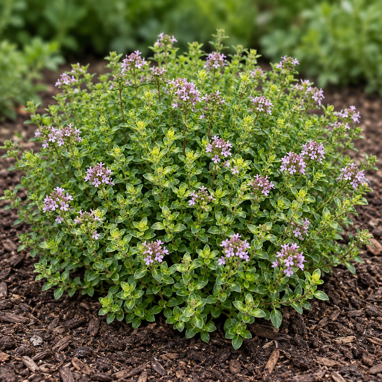 Lemon Thyme (Thymus × citriodorus) herb plant growing in a garden bed