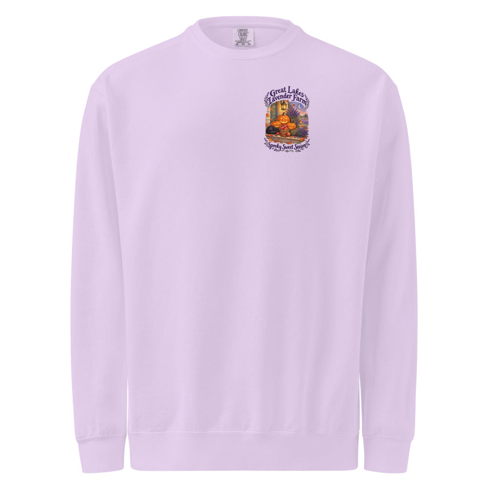 Lantern Porch Lavender Crewneck Sweatshirt in Orchid · Pocket front + big back (back)