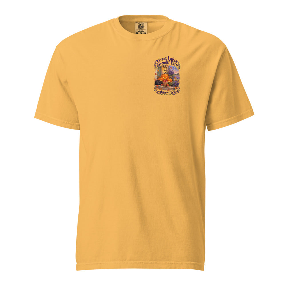 Lantern Porch Lavender Garment-Dyed T-Shirt in Mustard · Pocket front + big back (back)