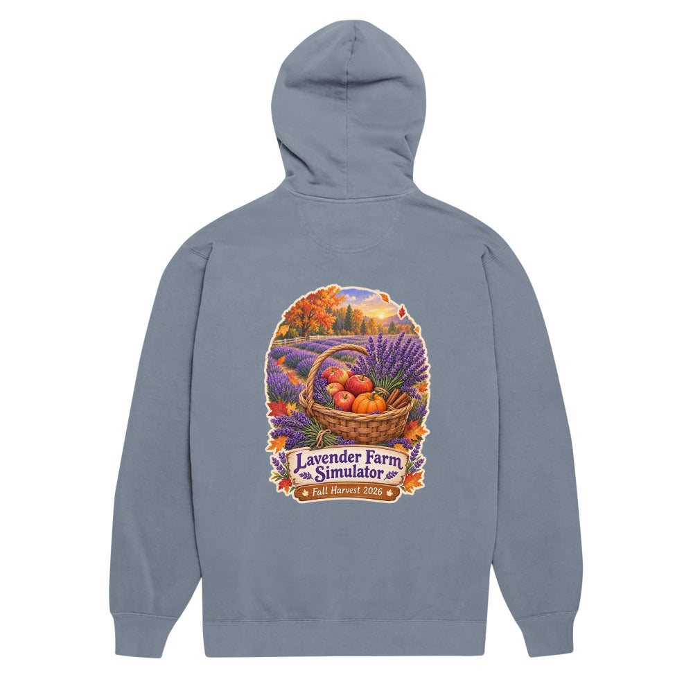 Lavender Farm Simulator Apple & Pumpkin Harvest Row Hoodie in Blue Jean