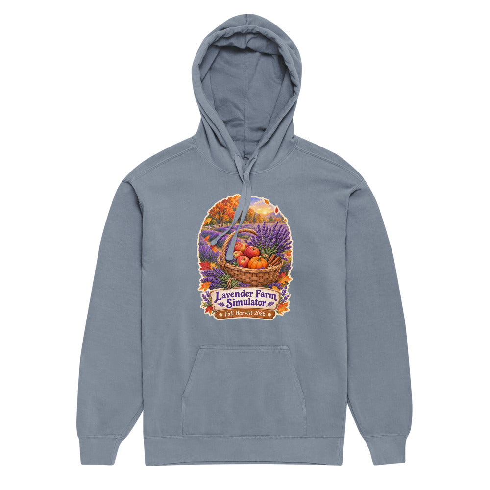 Lavender Farm Simulator Apple & Pumpkin Harvest Row Hoodie in Blue Jean