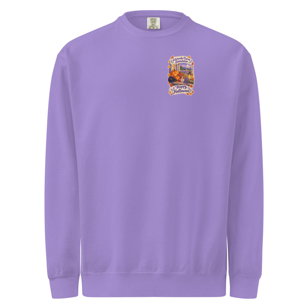Lavender Farm Simulator Lantern Porch Lavender Crewneck Sweatshirt in Violet · Pocket front + big back (back)