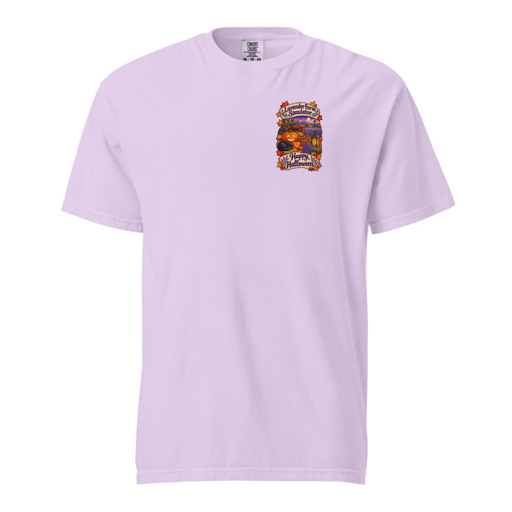 Lavender Farm Simulator Lantern Porch Lavender Garment-Dyed T-Shirt in Orchid · Pocket front + big back (back)
