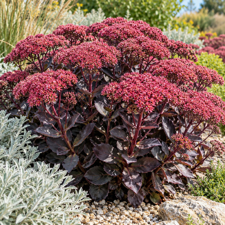 Midnight Velvet stonecrop with deep red flower heads over dark purple foliage