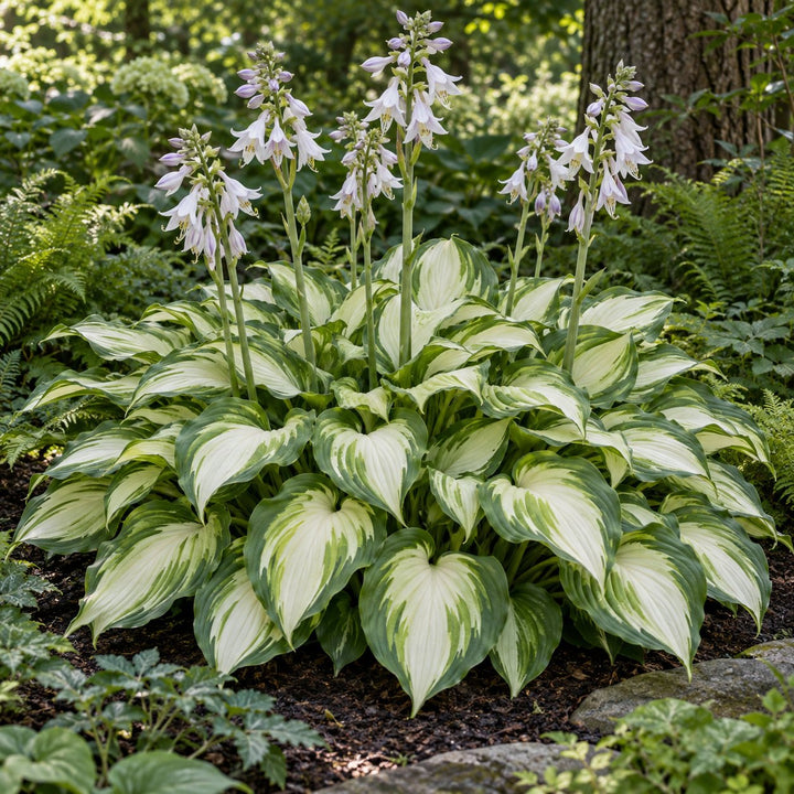Miss America hosta with creamy white centers, green edges and pale lavender flowers