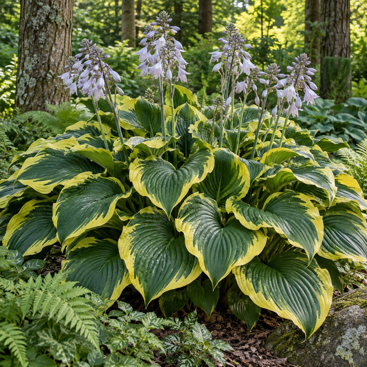 Montana Aureomarginata hosta with large dark green leaves edged in gold and pale flowers