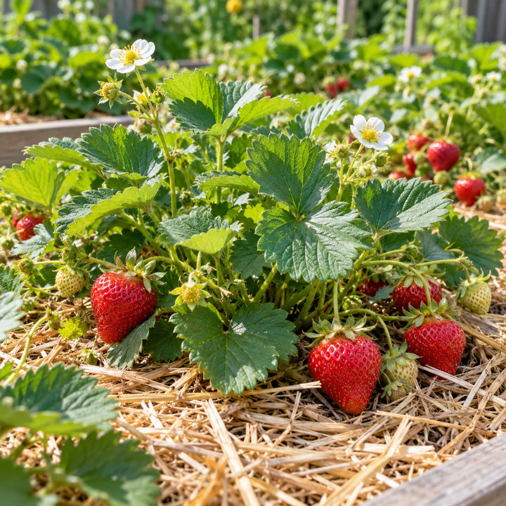 Ozark Beauty strawberry plants with ripening berries in a wooden raised bed