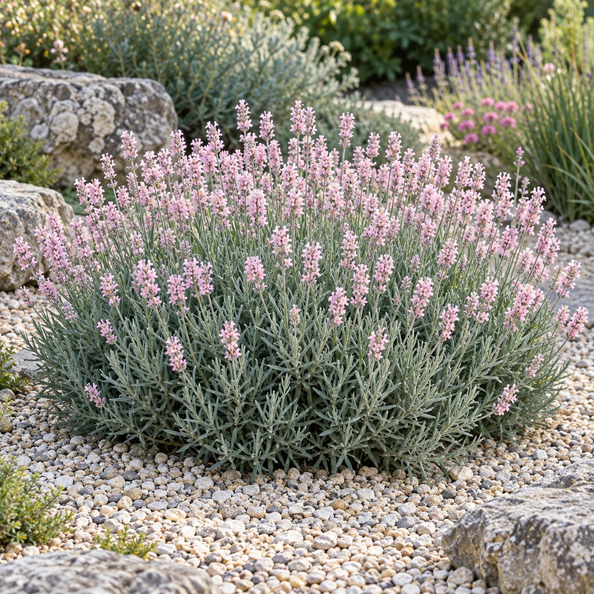 Pacific Pink lavender (Lavandula angustifolia) low wide mound with pale pink spikes in a gravel garden, illustration