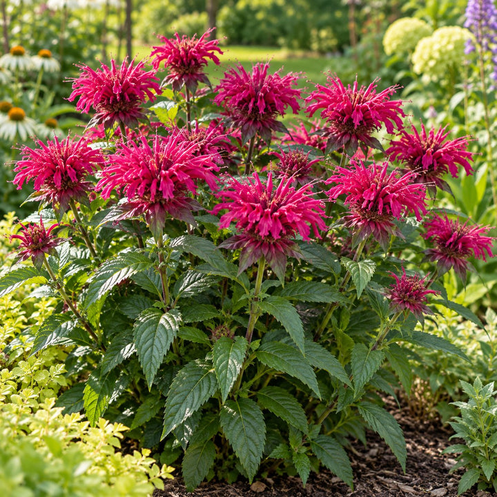 Pardon My Cerise bee balm (Monarda) with cerise-pink flower heads on a compact plant
