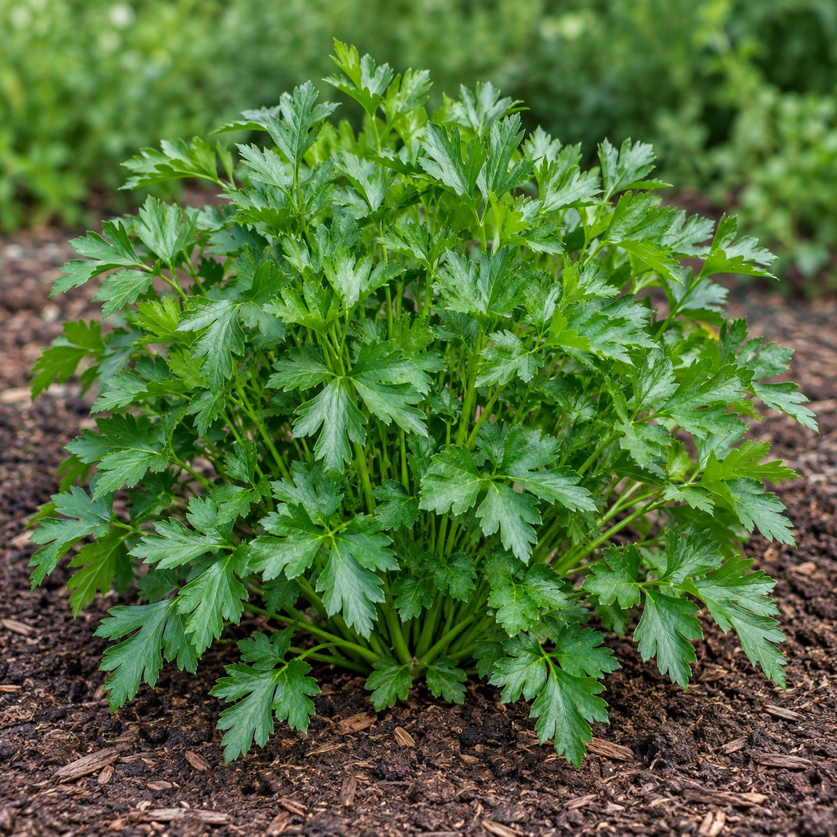 Parsley (Petroselinum crispum) herb plant growing in a garden bed