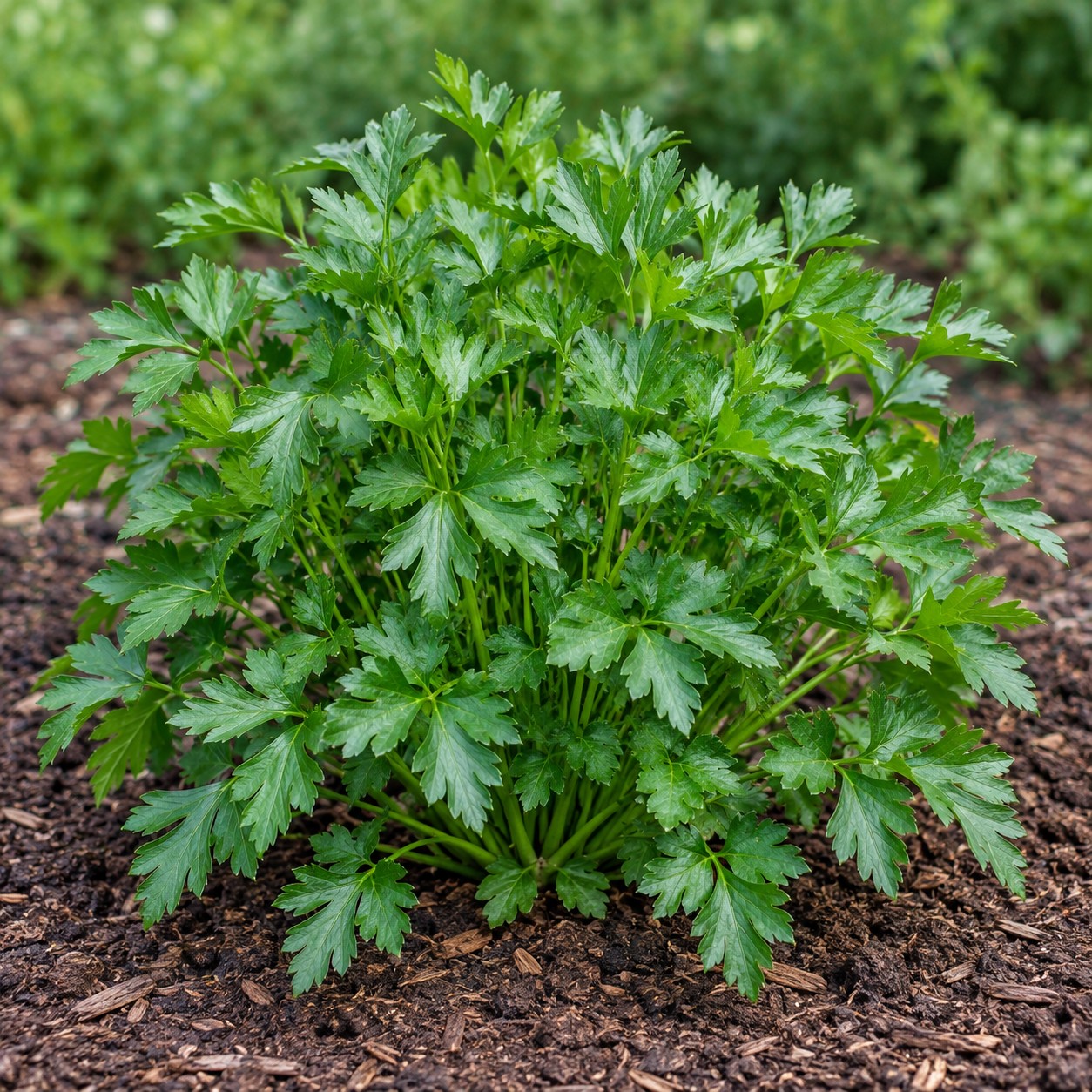 Parsley (Petroselinum crispum) herb plant growing in a garden bed