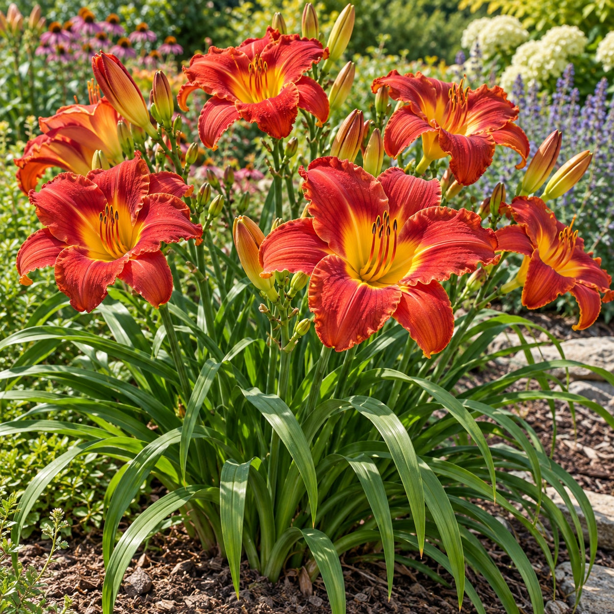 Passion for Red Daylily growing in a garden