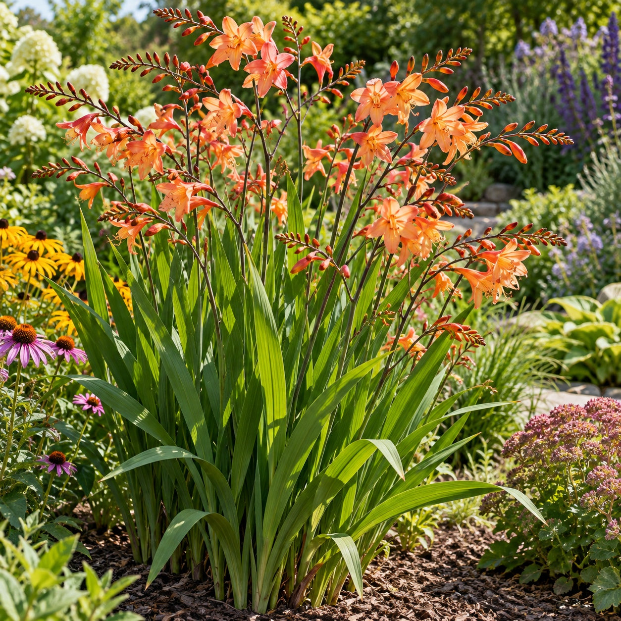Peach Melba Crocosmia growing in a garden