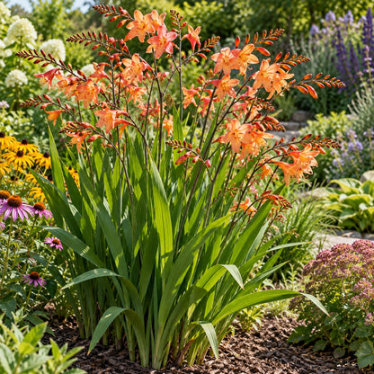 Peach Melba Crocosmia growing in a garden