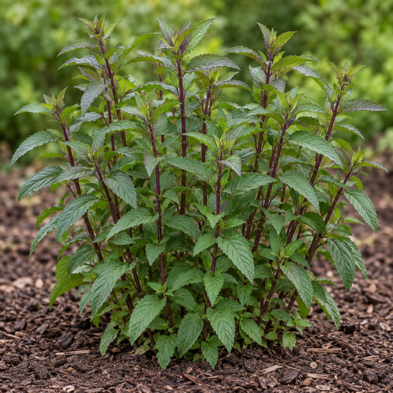 Peppermint (Mentha × piperita) herb plant growing in a garden bed