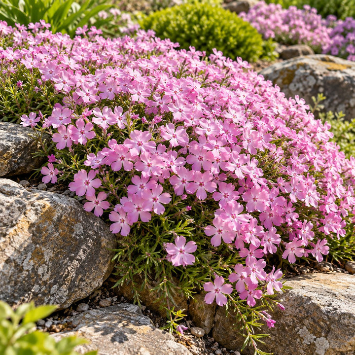 Pink Sparkles creeping phlox with soft pink starry flowers cascading over rocks