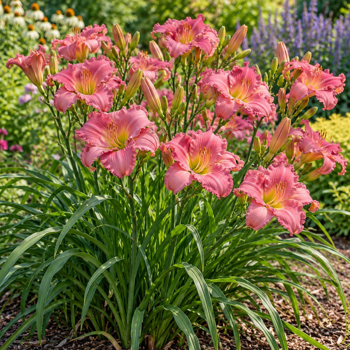 Pinkapotamus daylily with ruffled pink blooms on a full clump in a sunny bed